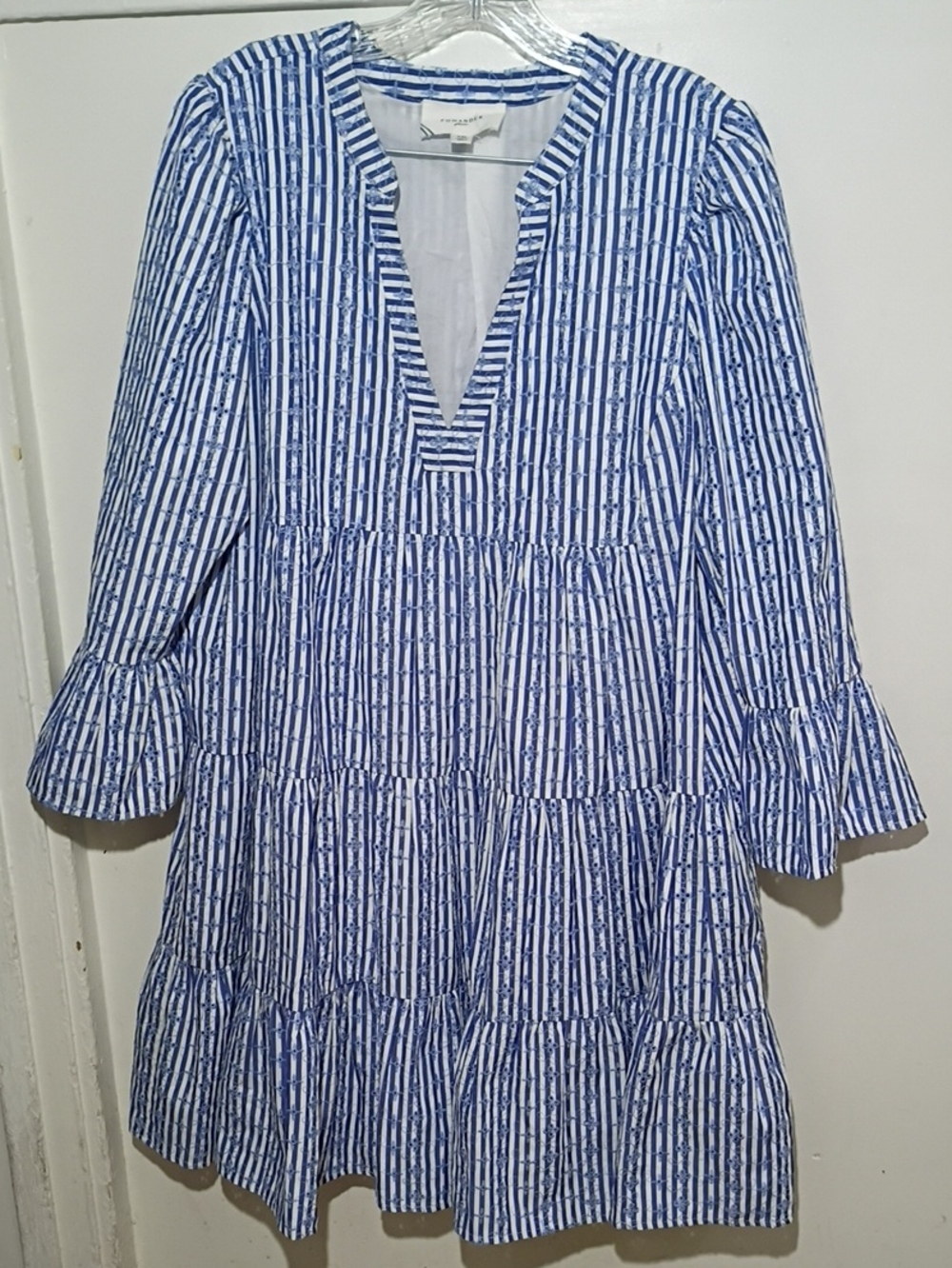Pomander Place Blue and White Striped V-Neck Tiered Mini Dress